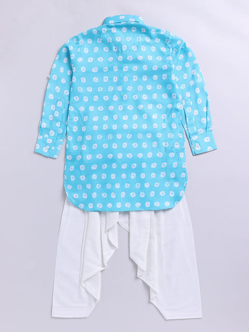 Boy's Aqua Floral Linen Slub Kurta Patiala Set